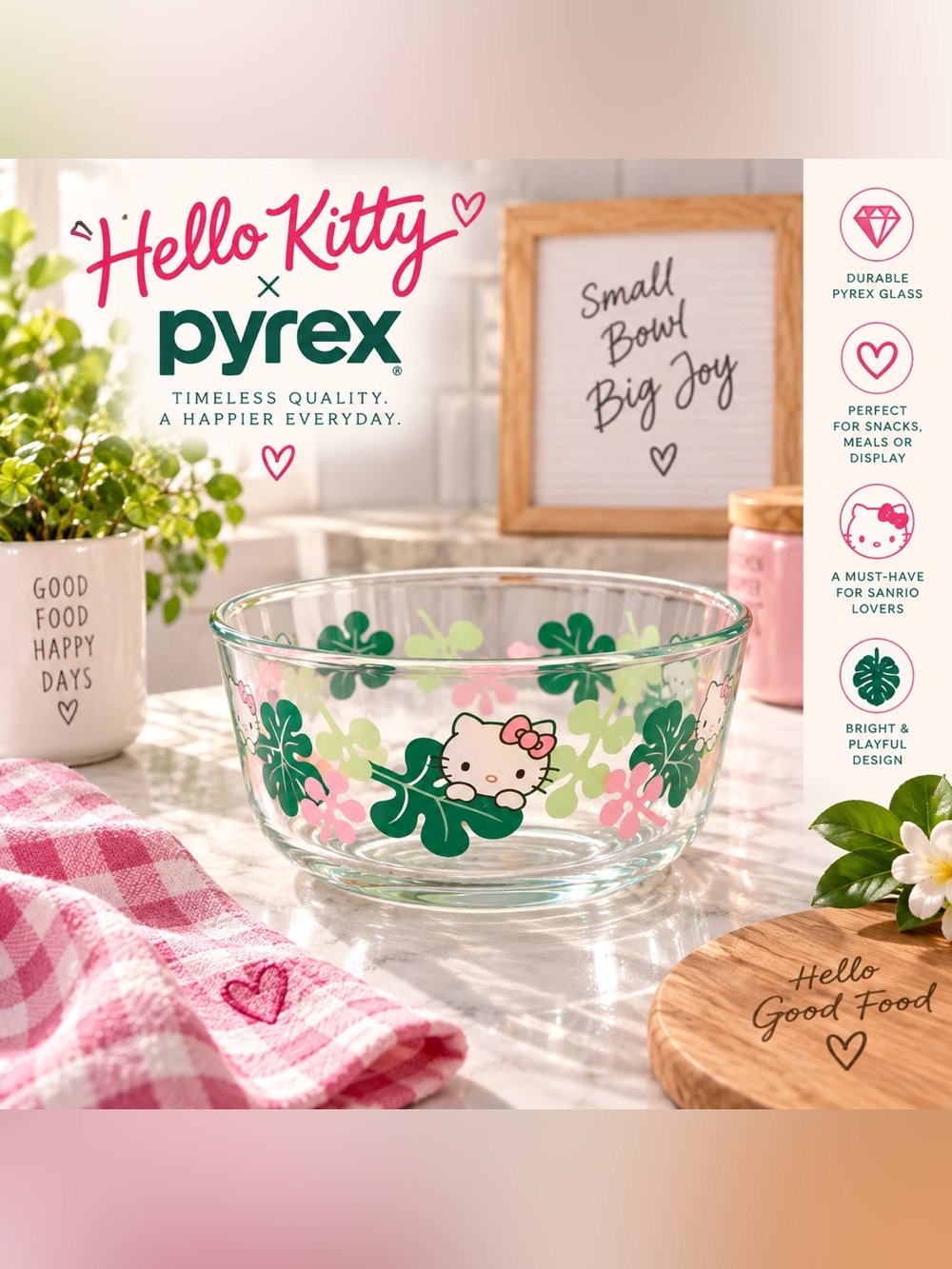 Hello Kitty Pyrex 6” Round Glass Bowl Tropical Floral Pink Green Sanrio